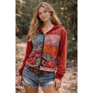 Rising International Embroidered Hoodie Sweatshirt Red Boho Patchwork Size L